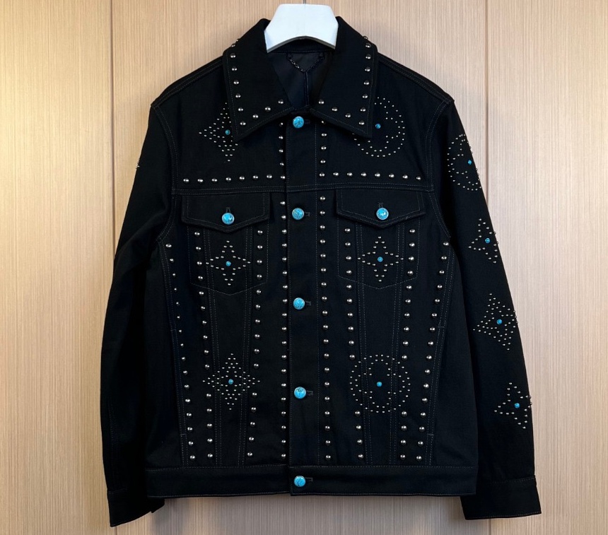 LV Louis Vuitton Black Jacket With Silver revites & Green Calaite, (S - 2XL )