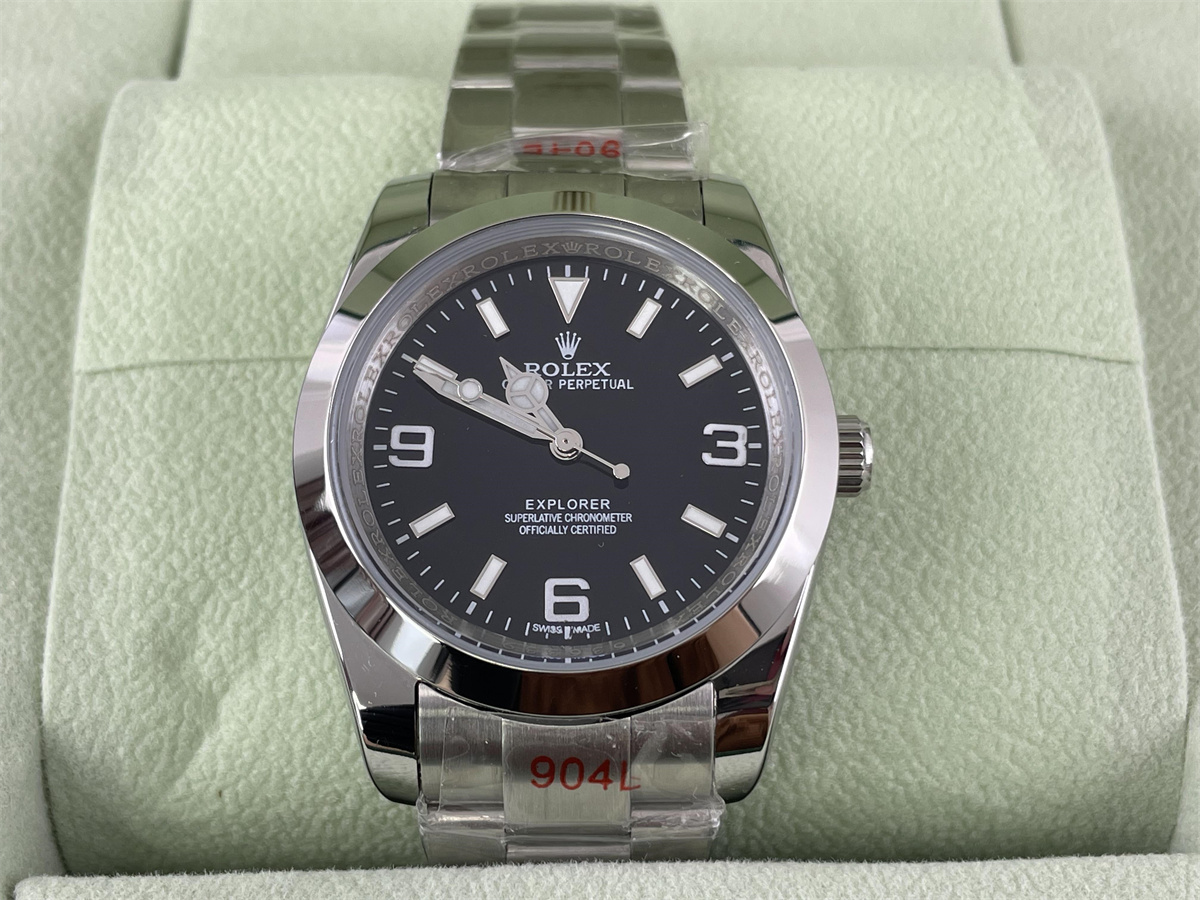 ROLEX Black Silver Explorer Watch with Smooth Out Circle, (40mm)