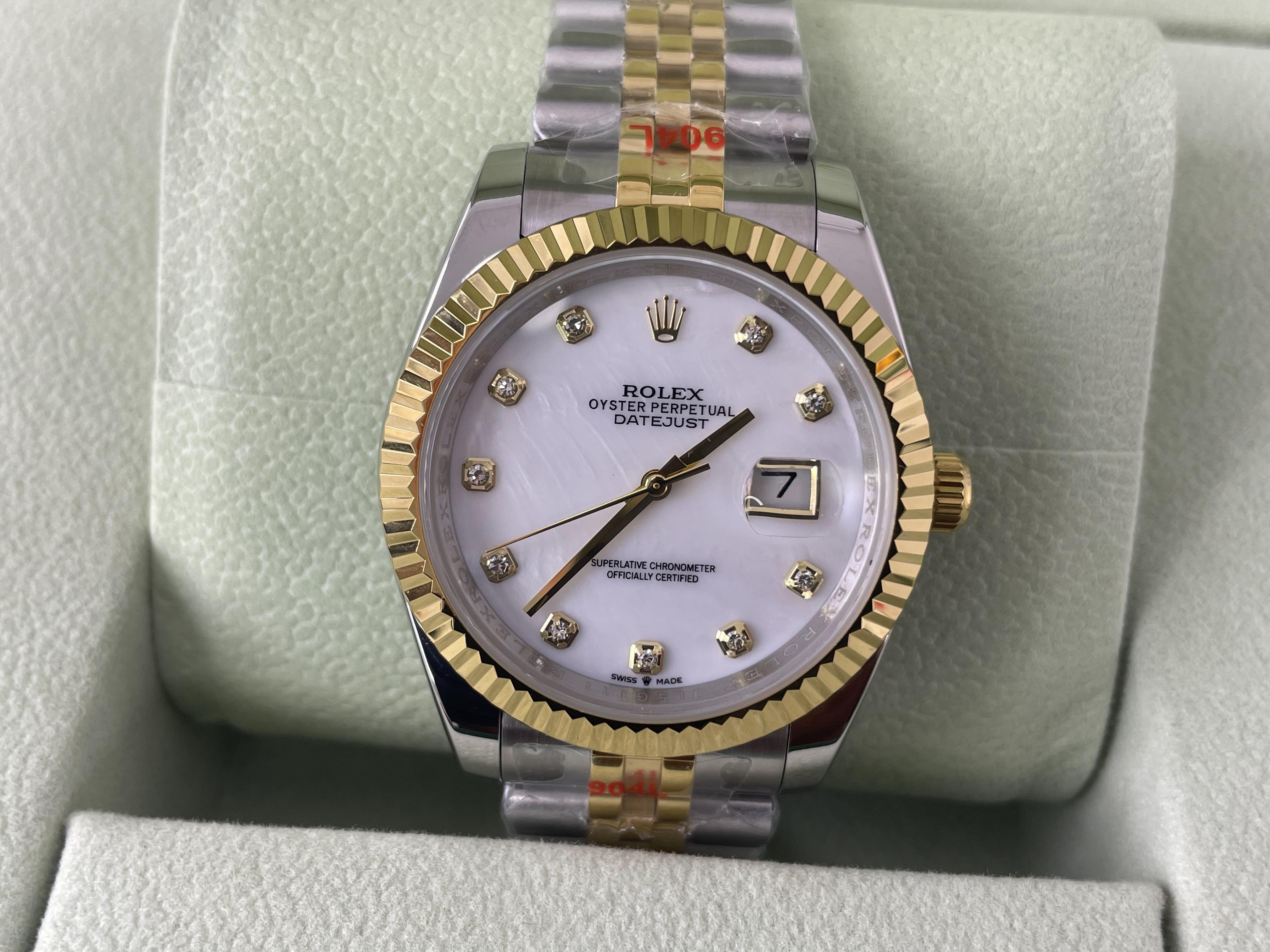 Rolex DateJust White Gold Pearl Dial Plate with Moissanite Diamonds, 41mm