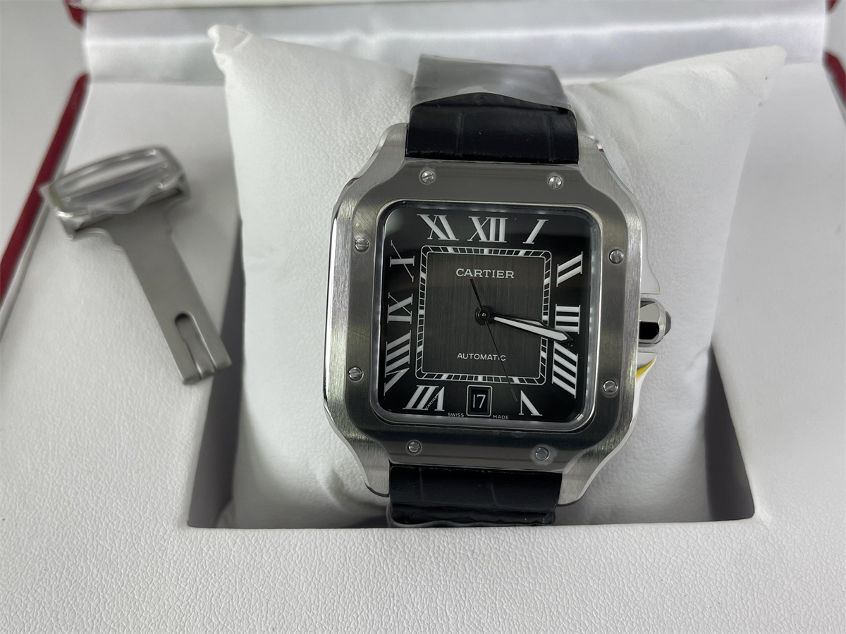 Cartier Black Grey Santos Leather band Watch (47.5 x 39.8 x 9.38 mm)