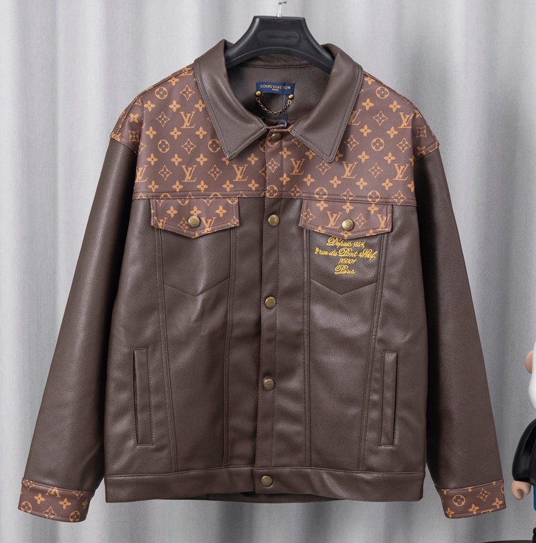 LV Louis Vuitton Brown Leather Jacket Pearl LOGO, (M - 2XL)