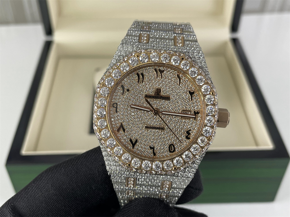 AP AUDEMARS PIGUET Mossanite Diamonds Rose Gold Swiss Machine Watch, 42mm