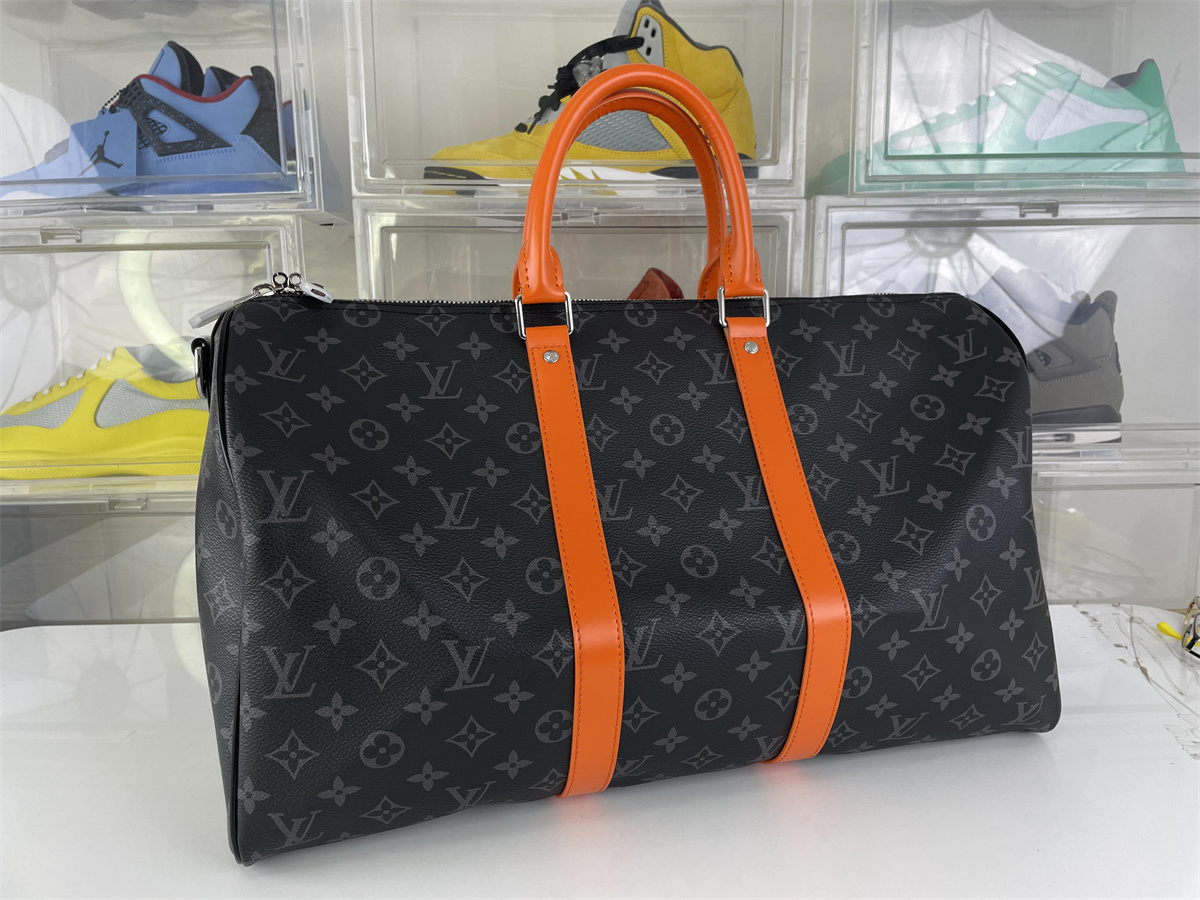 LV Louis Vuitton Male Black Orange Straps Travelling Bag, (45 x 27 x20 cm)