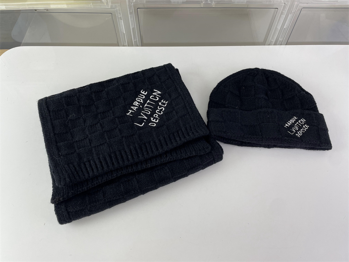 LV Louis Vuitton Black Scarf & hat (for a set)